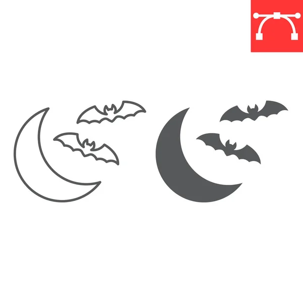 Bats Moon Line Glyph Icon Halloween Midnight Bats Flying Moon — Stock Vector