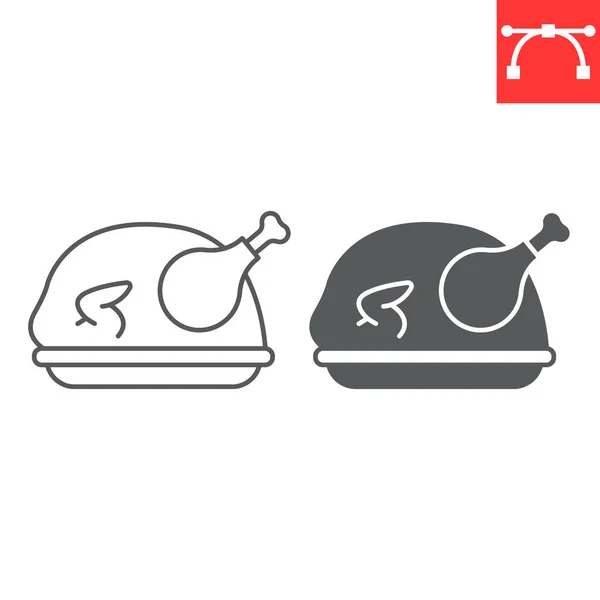 Roast Turkey Line Glyph Icon Thanksgiving Dinner Roasted Chicken Vector — Stock Vector