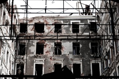 Kharkiv, Ukraine in 2022, the consequences and destruction after the shelling of the central part of the city by Russian troops. Destroyed infrastructure and buildings of historical significance by the bombing of the Russian Federation