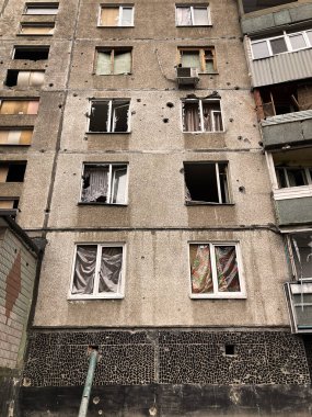 Terrible, bloody war of Russia against Ukraine. Destroyed houses of people in Kharkov after the shelling. February, March, April 2022 Ukraine