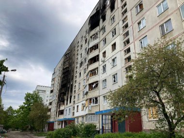 Terrible, bloody war of Russia against Ukraine. Destroyed houses of people in Kharkov after the shelling.