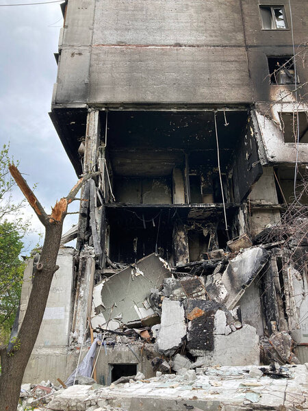 Terrible, bloody war of Russia against Ukraine. Destroyed houses of people in Kharkov after the shelling.