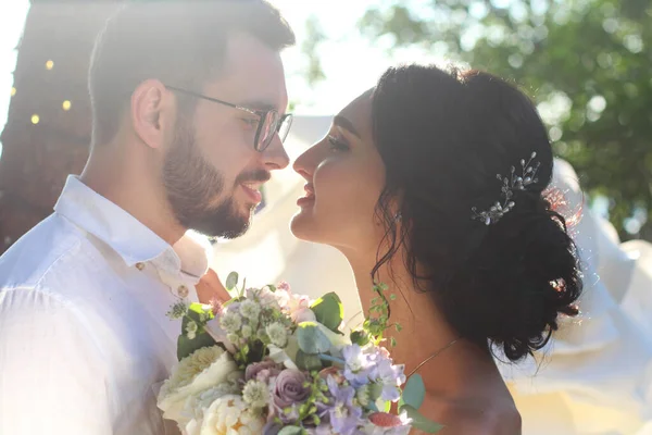 Incredibly Beautiful Brunette Bearded Guy Glasses Kiss Sunset Wedding Day Stockfoto