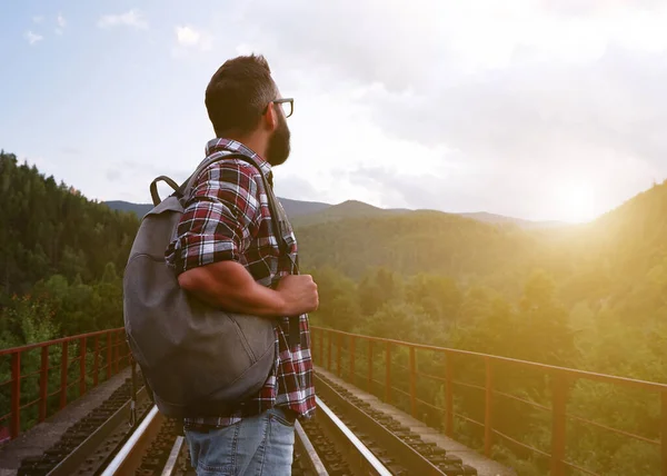 Young Tourist Beard Glasses Plaid Shirt Backpack Stands Railway Tracks Stockbild