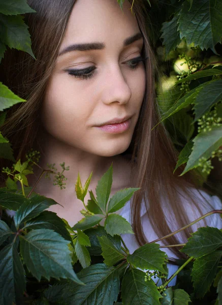 Лицо Красивой Молодой Женщины Чистой Идеальной Кожей Покрытой Листьями Портрет — стоковое фото