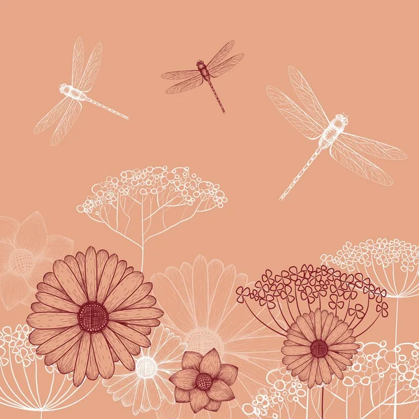 Flower background sketch with dragonfly — Stock Vector