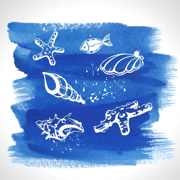 Набор океанического декора на акварельном фоне — стоковый вектор