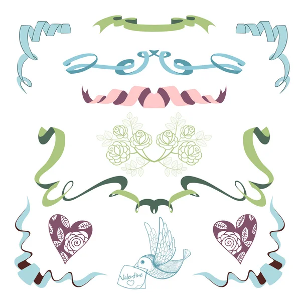 Set avec rubans, fleurs et oiseaux — Image vectorielle