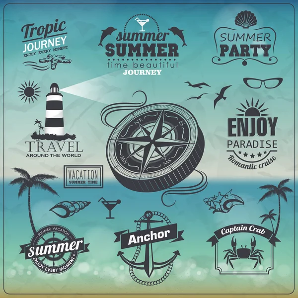 Set de diseño tipográfico vintage de verano con etiquetas, iconos elementales — Vector de stock