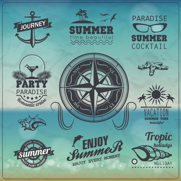 Set de diseño tipográfico vintage de verano con etiquetas, iconos elementales — Vector de stock