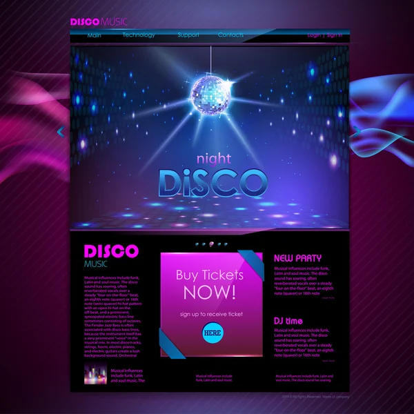 Design del modello di sito web. Sfondo discoteca — Vettoriale Stock