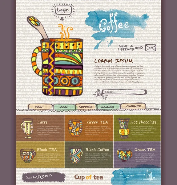 Website ontwerpsjabloon. decoratieve kopje koffie — Stockvector