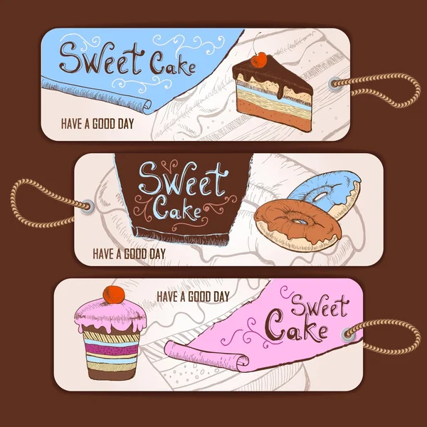 Set of decorative banners. Sweet cake sketch background. Menu — Stock Vector