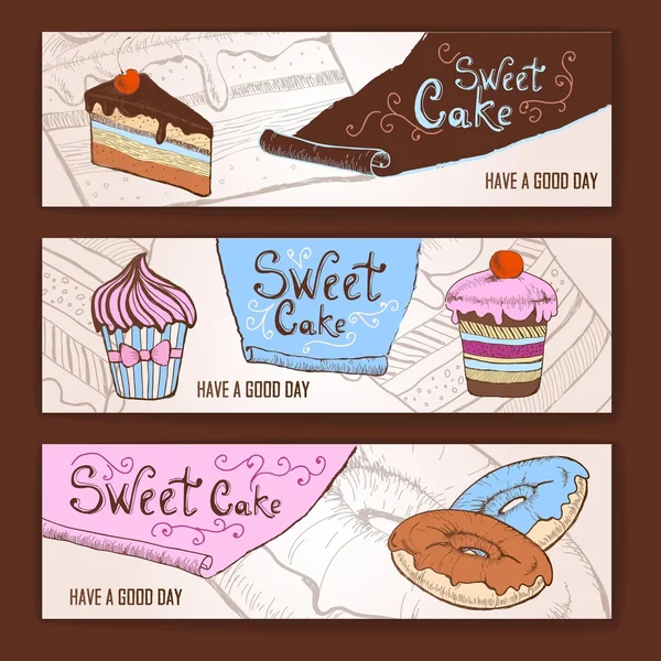 Set of decorative banners. Sweet cake sketch background. Menu — Stock Vector