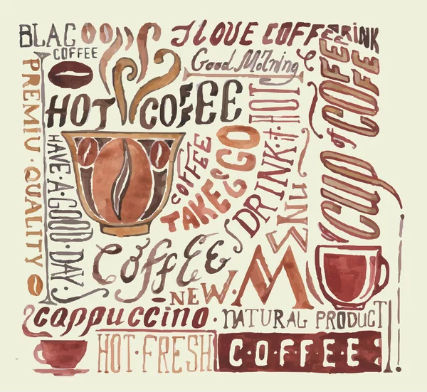 Aquarell-Kaffee-Poster. Hintergrund der Typografie — Stockvektor
