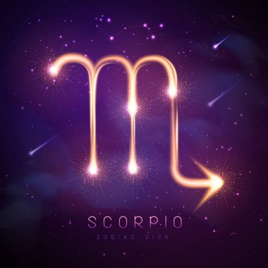 Dış uzayda altın akrep burcu işaretli astrolojili modern sihir kartı.