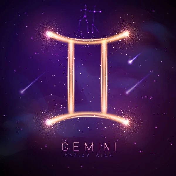 Nowoczesna Magiczna Karta Astrologią Błyszczącą Złotym Znakiem Zodiaku Gemini Tle — Wektor stockowy