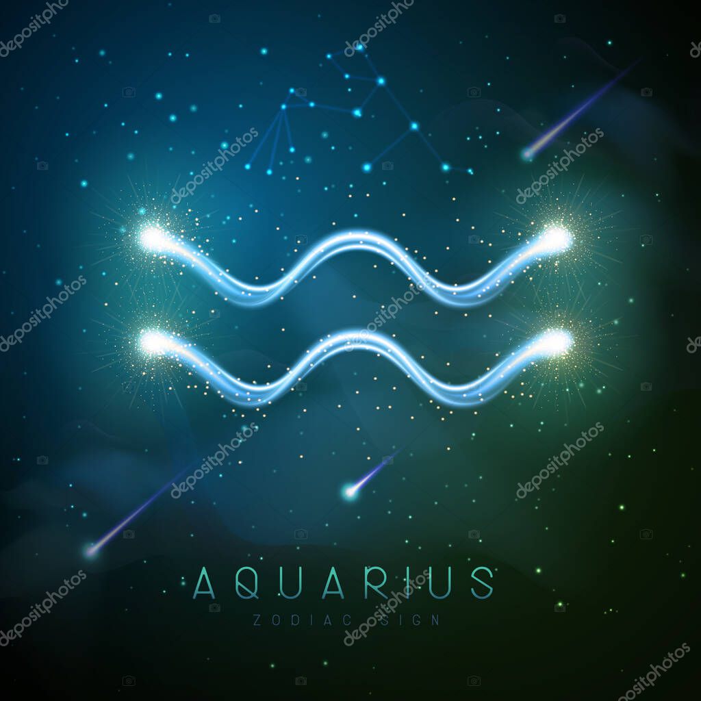 Modern magic witchcraft card with astrology glittering golden Aquarius zodiac sign on outer space background