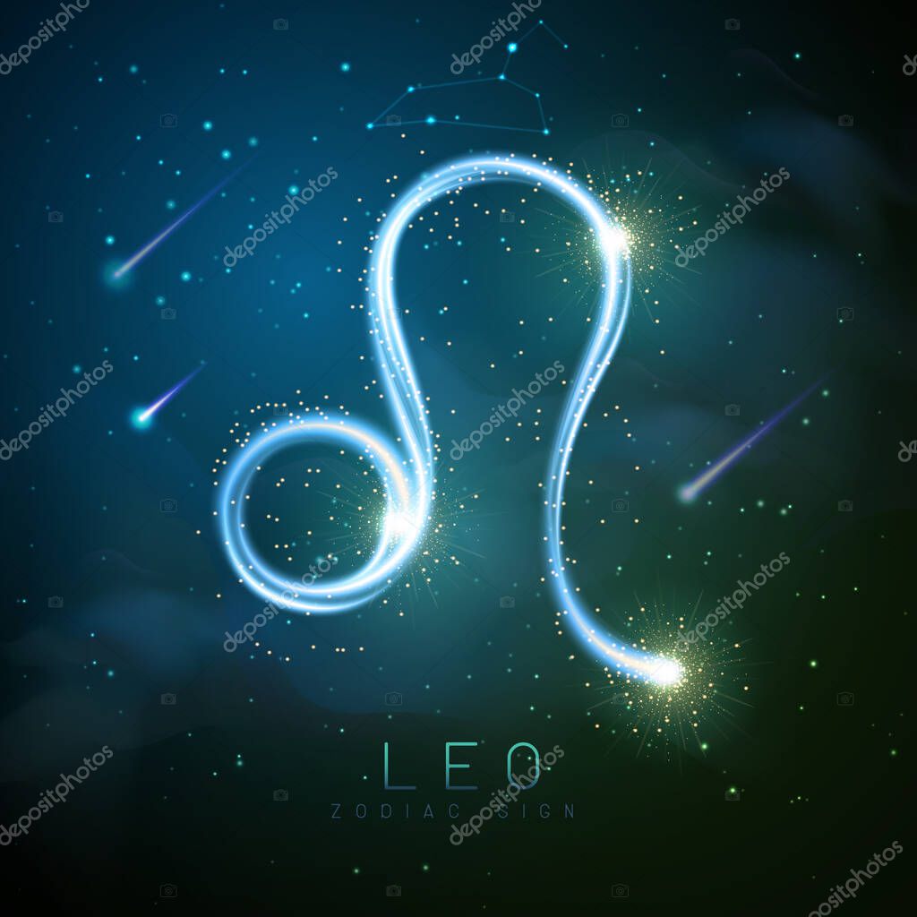 Modern magic witchcraft card with astrology glittering golden Leo zodiac sign on outer space background