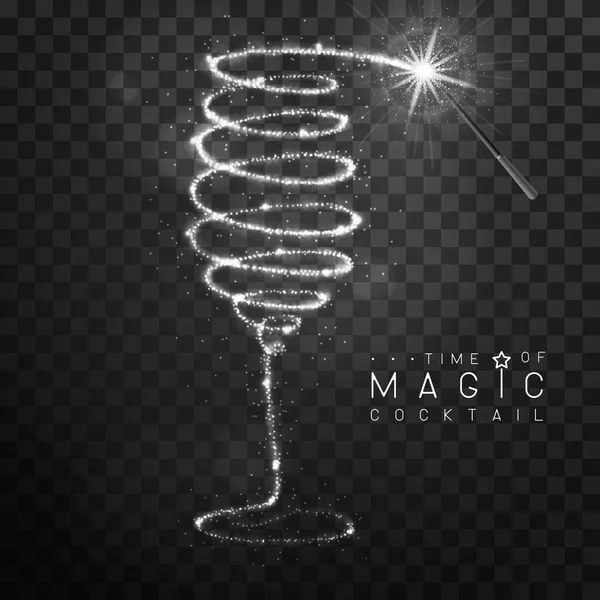 Magisk Trollstav Med Silverglödande Glänsande Spår Champagne Eller Vin Glas — Stock vektor