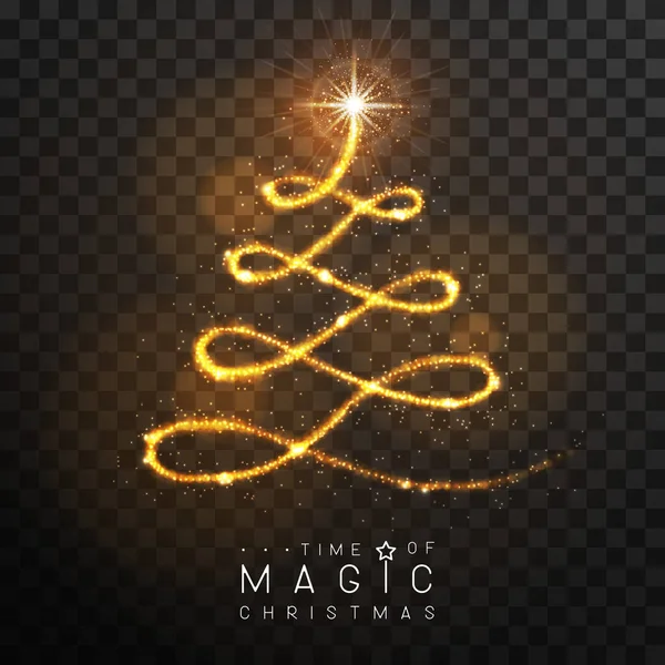 魔法の黄金のクリスマスツリーシルエット 金色の輝く光沢のある歩道と魔法の杖 黒の透明な背景に隔離された ベクターイラスト — ストックベクタ
