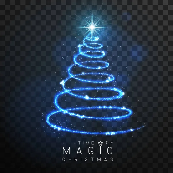 魔法の青いクリスマスツリーシルエット 青い輝く光沢のある歩道と魔法の杖 黒の透明な背景に隔離された ベクターイラスト — ストックベクタ