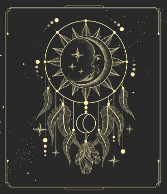 İçinde düş kapanı olan modern büyü kartı. Vektör illüstrasyonu