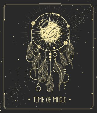 İçinde düş kapanı olan modern büyü kartı. Vektör illüstrasyonu