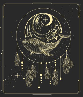 İçinde düş kapanı ve hilal şeklinde balina olan modern büyü kartı. Vektör illüstrasyonu