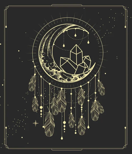 Modern Magic Witchcraft Card Dream Catcher Crescent Crystal Vector Illustration — Stock Vector