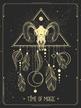 İçinde düş kapanı ve hayvan koçu ya da muflon kafatası olan modern büyü kartı. Vektör illüstrasyonu