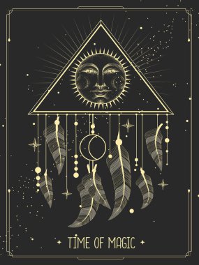 Düş kapanı ve insan yüzlü güneş işaretli modern büyü kartı. Vektör illüstrasyonu