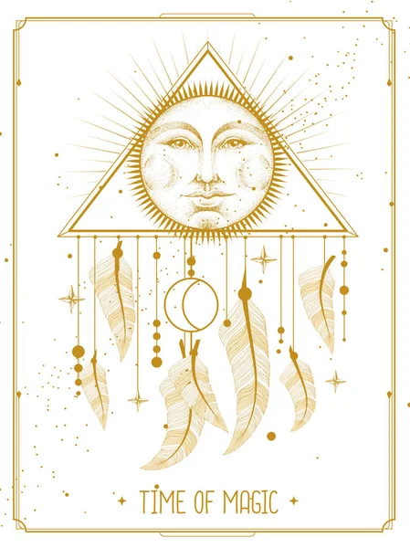 Modern Magic Witchcraft Card Dream Catcher Sun Sign Human Face — Stock Vector