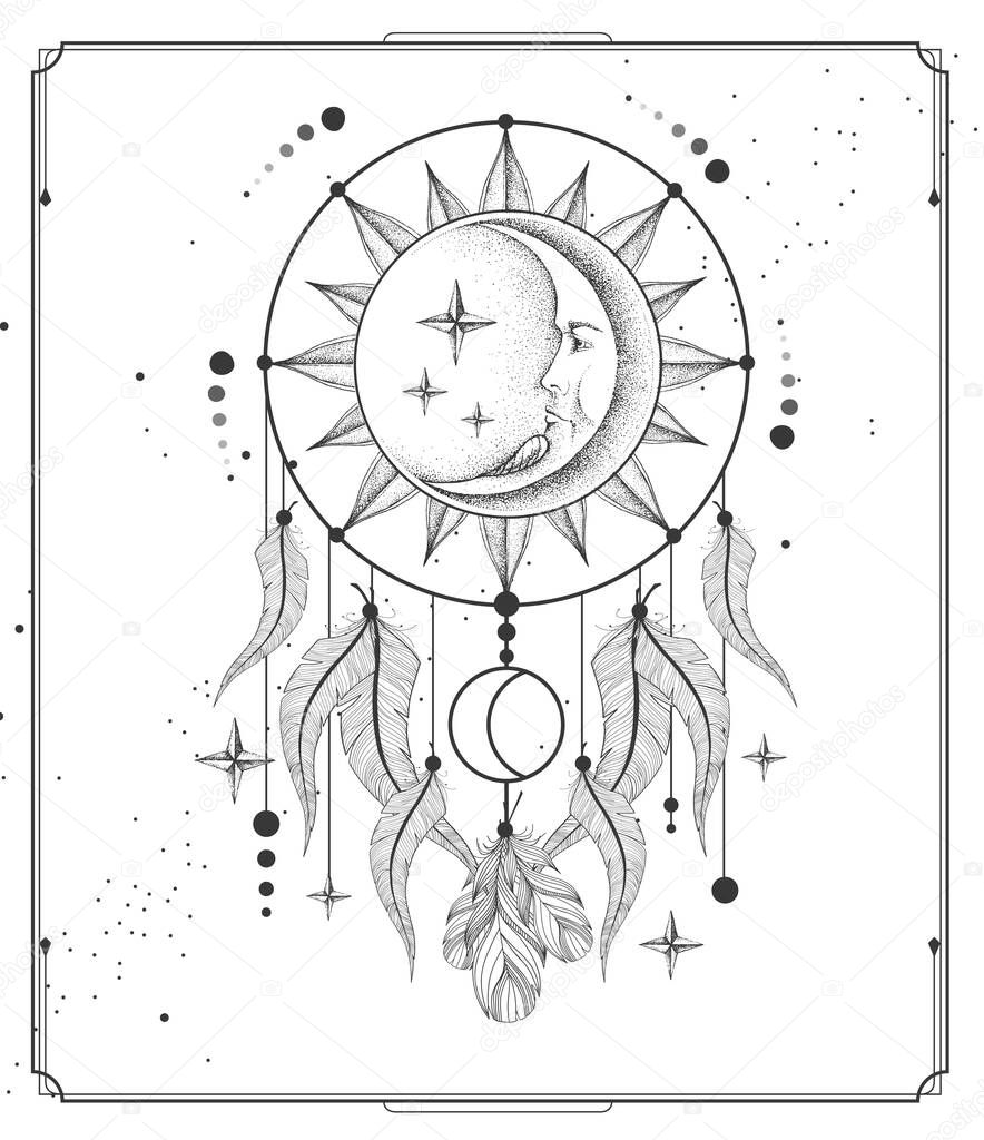 Modern magic witchcraft card with dream Catcher. Vector illustration