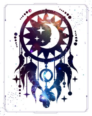 İçinde dış uzay geçmişi olan rüya kapanı olan modern büyü kartı. Vektör illüstrasyonu