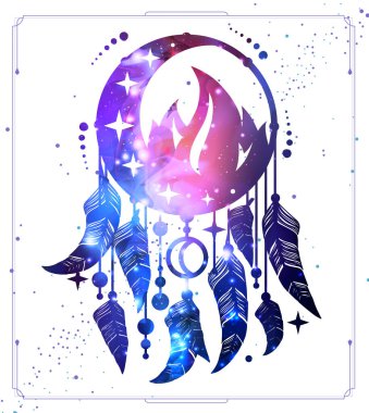 İçinde düş kapanı, hilal, ateş elementi ve uzay arkaplanı olan modern büyü kartı. Vektör illüstrasyonu