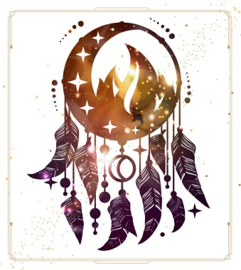 İçinde düş kapanı, hilal, ateş elementi ve uzay arkaplanı olan modern büyü kartı. Vektör illüstrasyonu