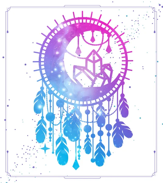 Modern Magic Witchcraft Card Dream Catcher Crescent Crystal Space Background — Stock Vector
