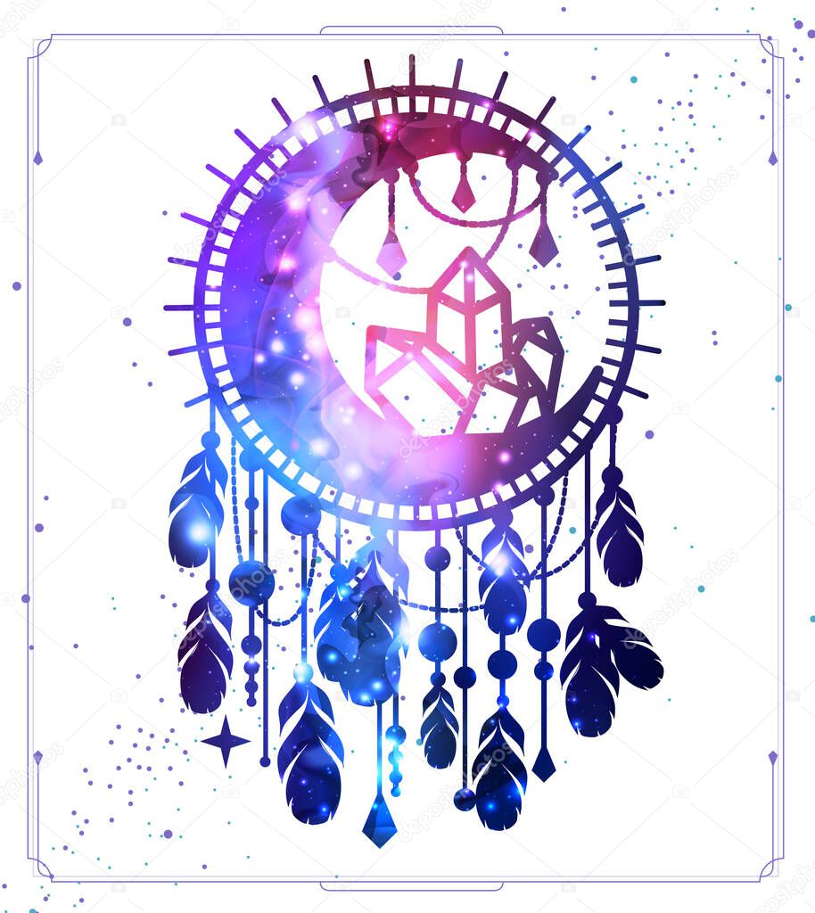 Modern magic witchcraft card with dream Catcher, crescent, crystal and space background inside. Vector illustration