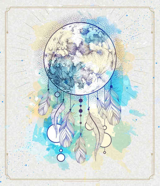Modern Magic Witchcraft Card Dream Catcher Full Realistic Moon Watercolor — Stock Vector