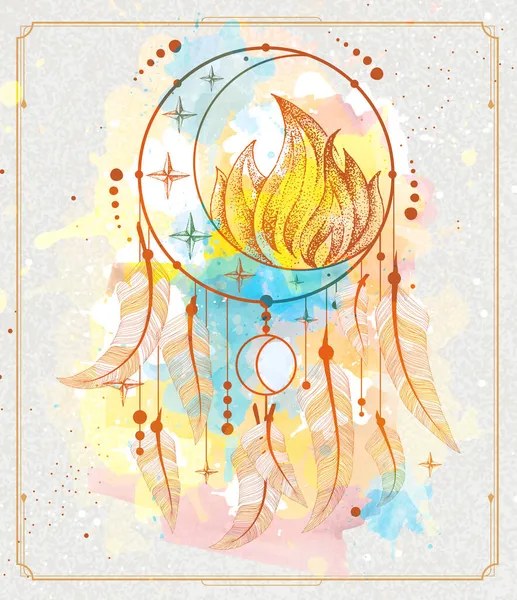 现代魔法卡与梦想捕手 新月形和火元素在水彩画背景 矢量说明 — 图库矢量图片