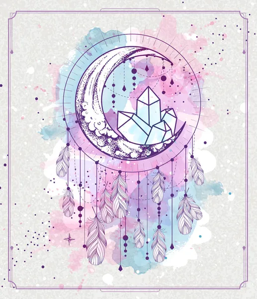 现代魔法卡与梦想捕手 新月形和水彩背景水晶 矢量说明 — 图库矢量图片