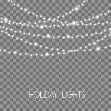 Şeffaf arkaplanda beyaz ya da gümüş lambaların vektör garlang 'ı. Işık vektör illüstrasyonunun bayram dizisi