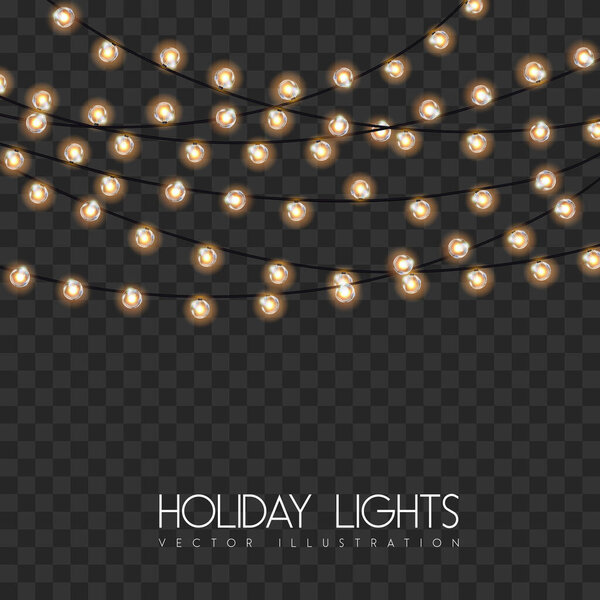 Векторный гарланг из золота или желтых ламп на прозрачном фоне. Векторная иллюстрация праздничных огней