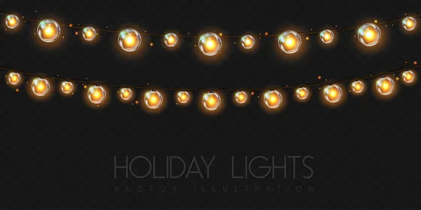 透明背景に金や黄色のランプのベクトルガーラング ライトベクトルイラストの休日の文字列 — ストックベクタ