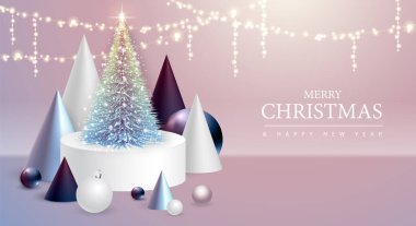 Mutlu Noeller ve yılbaşı süslemeleri olan mutlu yeni yıl posterleri. Noel tatili geçmişi. Vektör illüstrasyonu