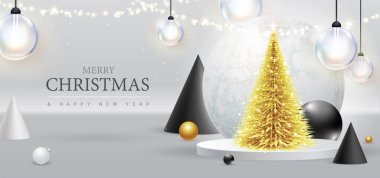 Mutlu Noeller ve yılbaşı süslemeleri olan mutlu yeni yıl posterleri. Noel tatili geçmişi. Vektör illüstrasyonu