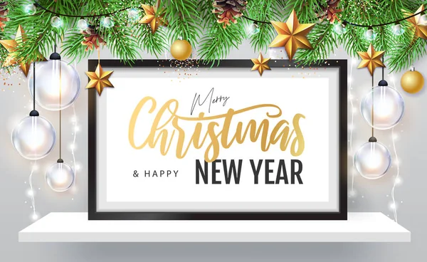 Feliz Navidad Feliz Año Nuevo Cartel Con Decoraciones Navideñas Fondo — Vector de stock