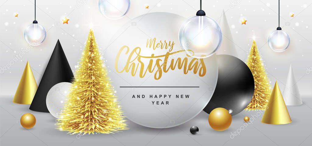 Merry Christmas and happy New Year poster with christmas holiday decorations. Christmas holiday background. Vector illustration