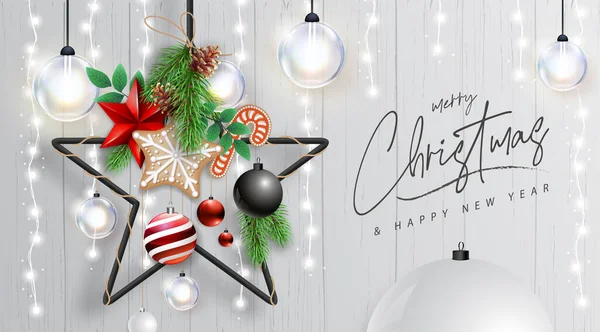 Feliz Natal Feliz Cartaz Ano Novo Com Decorações Natal Férias —  Vetores de Stock